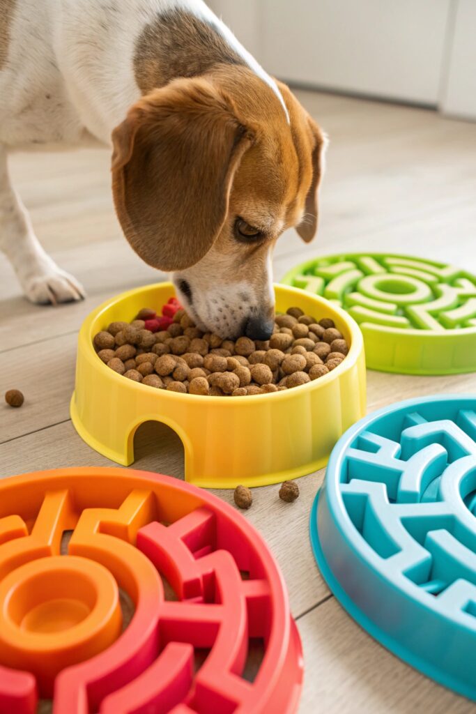 Dog feeding station with colorful puzzle feeder bowl featuring raised ridges and maze pattern for slow eating