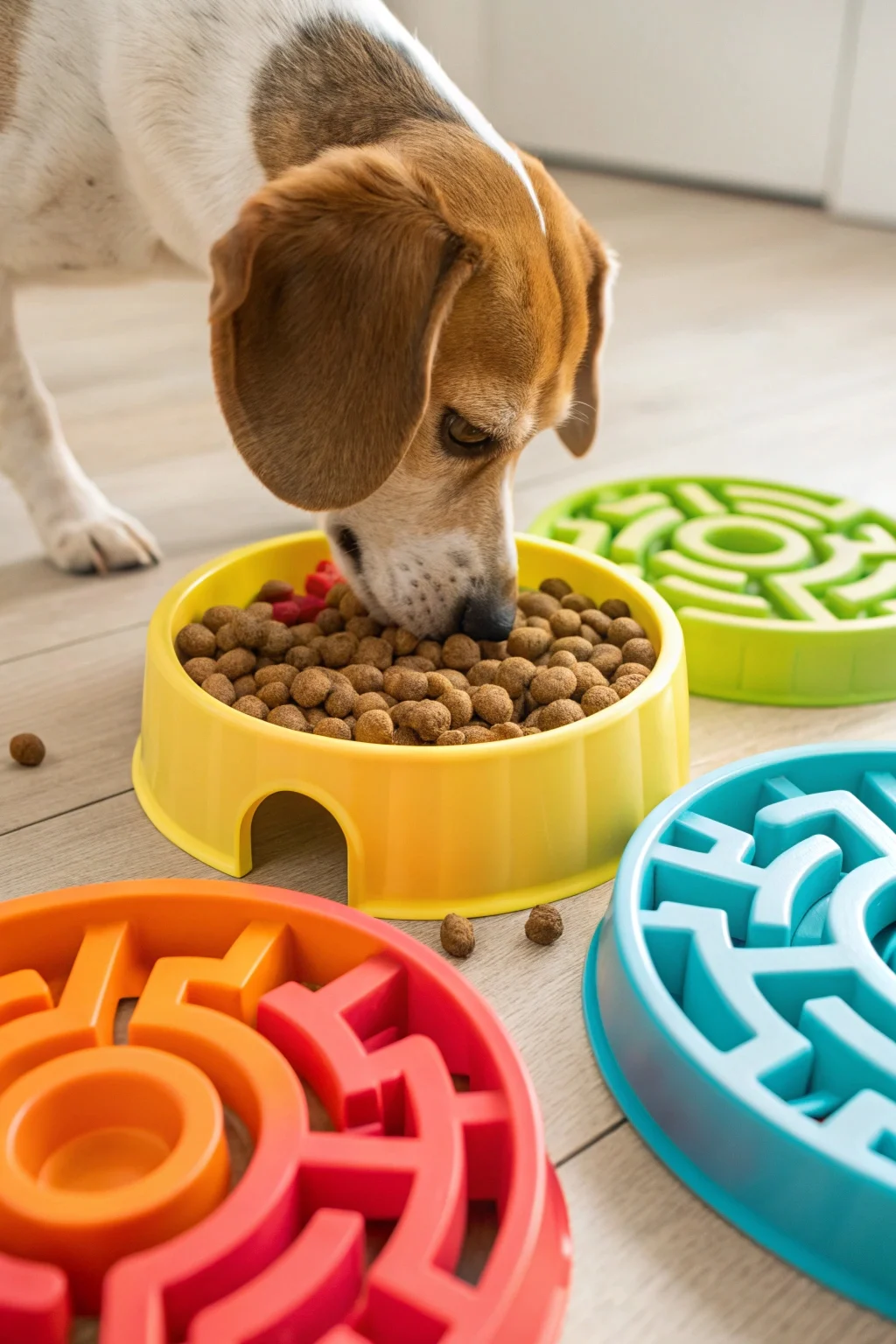 Dog feeding station with colorful puzzle feeder bowl featuring raised ridges and maze pattern for slow eating