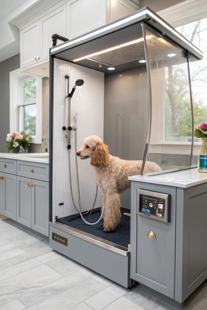 spa style station with handheld sprayer dog washing station in laundry room