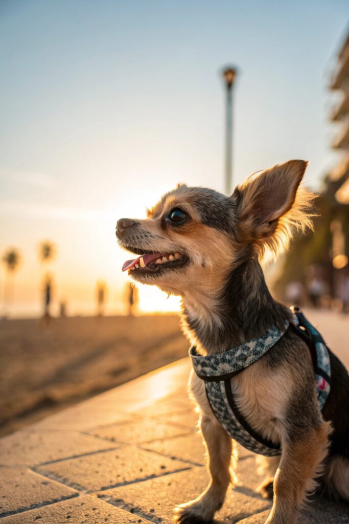 Small dog showing four different seasonal haircut adjustments throughout the year