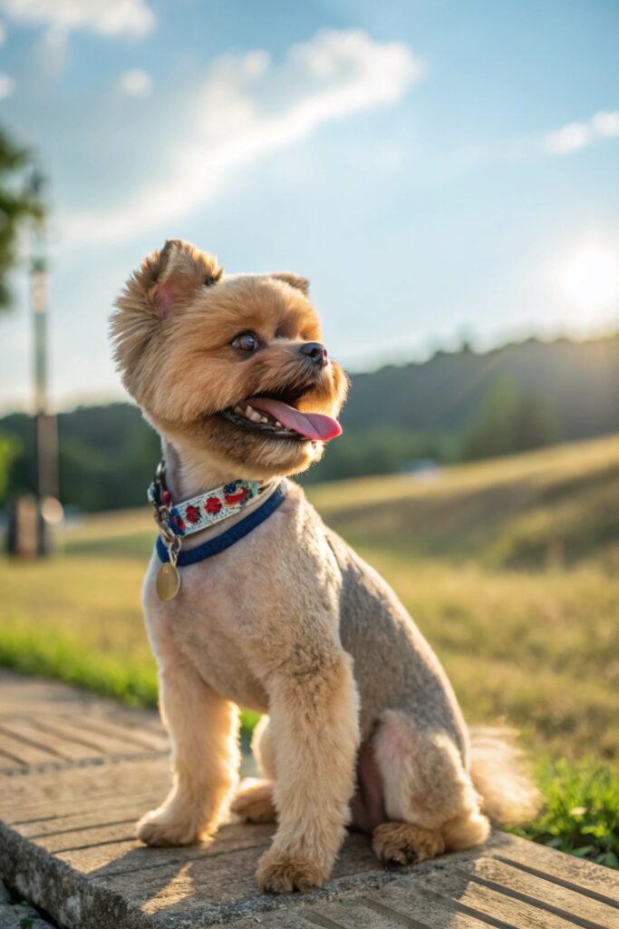 Happy small dog with short summer cut looking cool and comfortable outdoors
