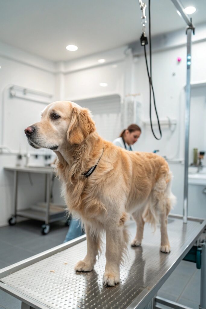Golden retriever with short kennel cut, a practical example of low-maintenance golden retriever grooming styles