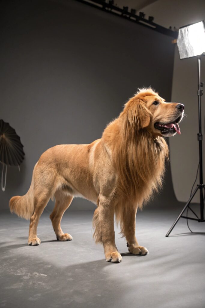 Golden retriever with lion cut haircut, a rare and dramatic variation among golden retriever grooming styles