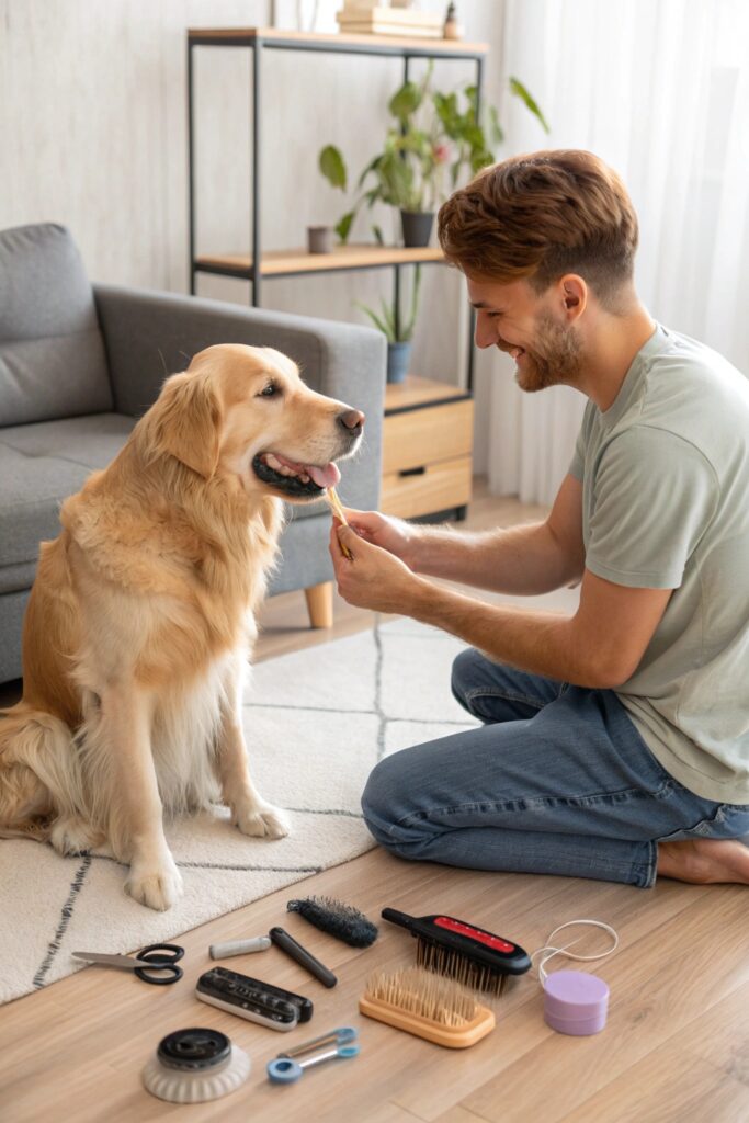Home grooming session showing maintenance trim, a simple approach to golden retriever grooming styles at home