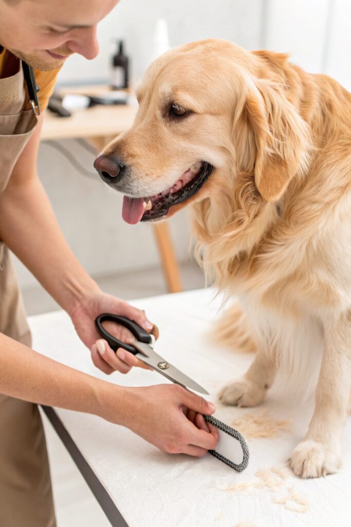 Professional hygienic grooming of a golden retriever demonstrating essential golden retriever grooming styles for cleanliness