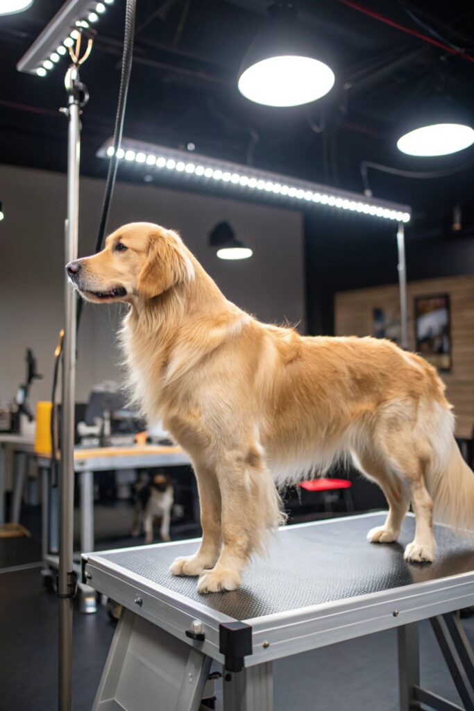 Professional show-quality golden retriever haircut demonstrating AKC standard golden retriever grooming styles for competitions