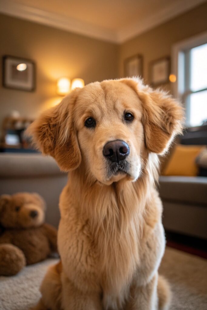 Golden retriever with adorable teddy bear haircut, a cute and popular golden retriever grooming style for family pets