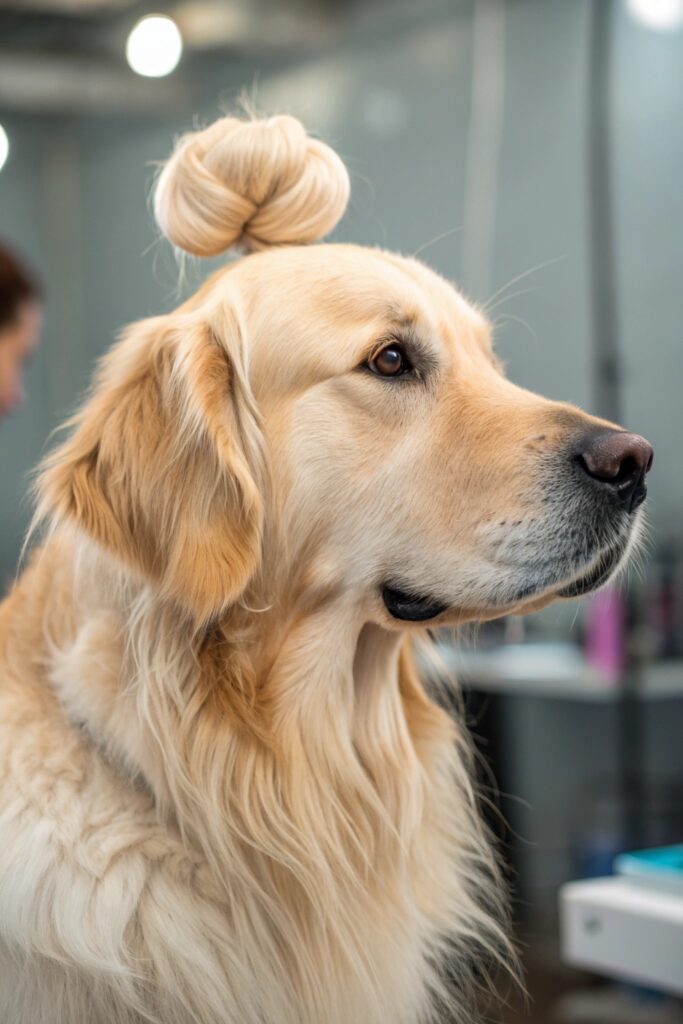 Golden retriever top knot grooming trim showing detailed head shaping in modern golden retriever grooming styles