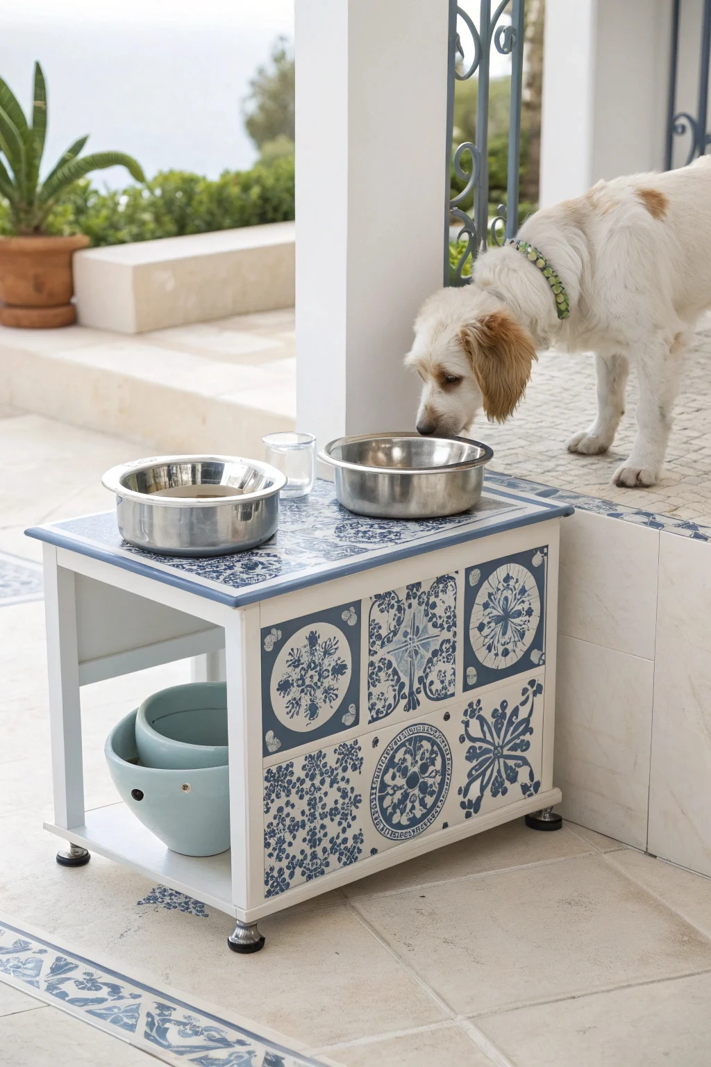 Elegant dog feeding station with decorative ceramic tile top and stainless steel bowls in Mediterranean-style kitchen