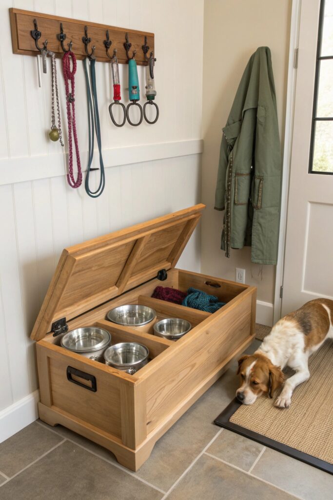 Wooden storage bench with dog bowls on top and hinged lid open showing pet food storage inside