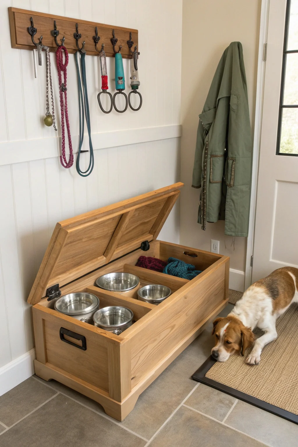 Wooden storage bench with dog bowls on top and hinged lid open showing pet food storage inside