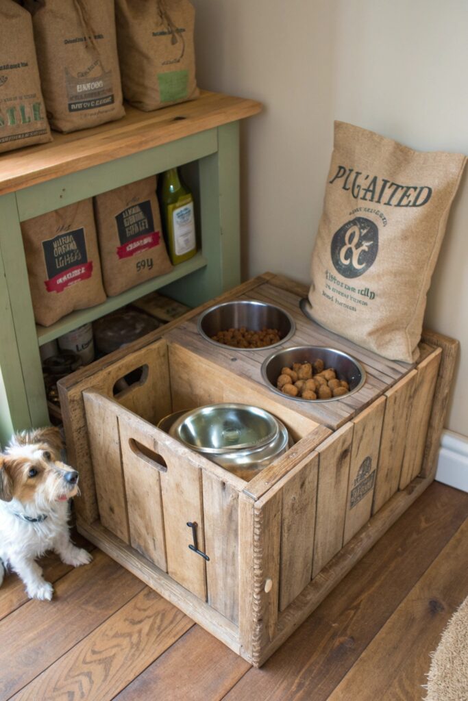 Vintage wooden crate repurposed as DIY dog feeding station with bowls on top and storage inside for dog food