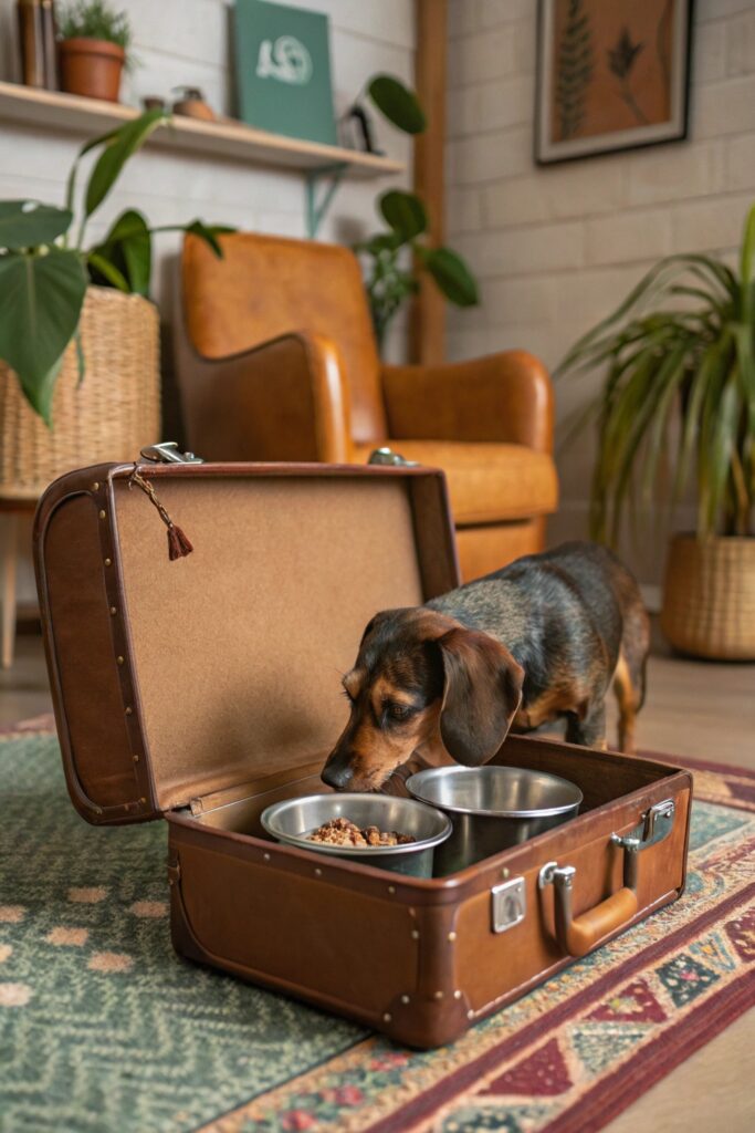 Creative dog feeding station using repurposed vintage brown leather suitcase with bowls inside and small terrier eating