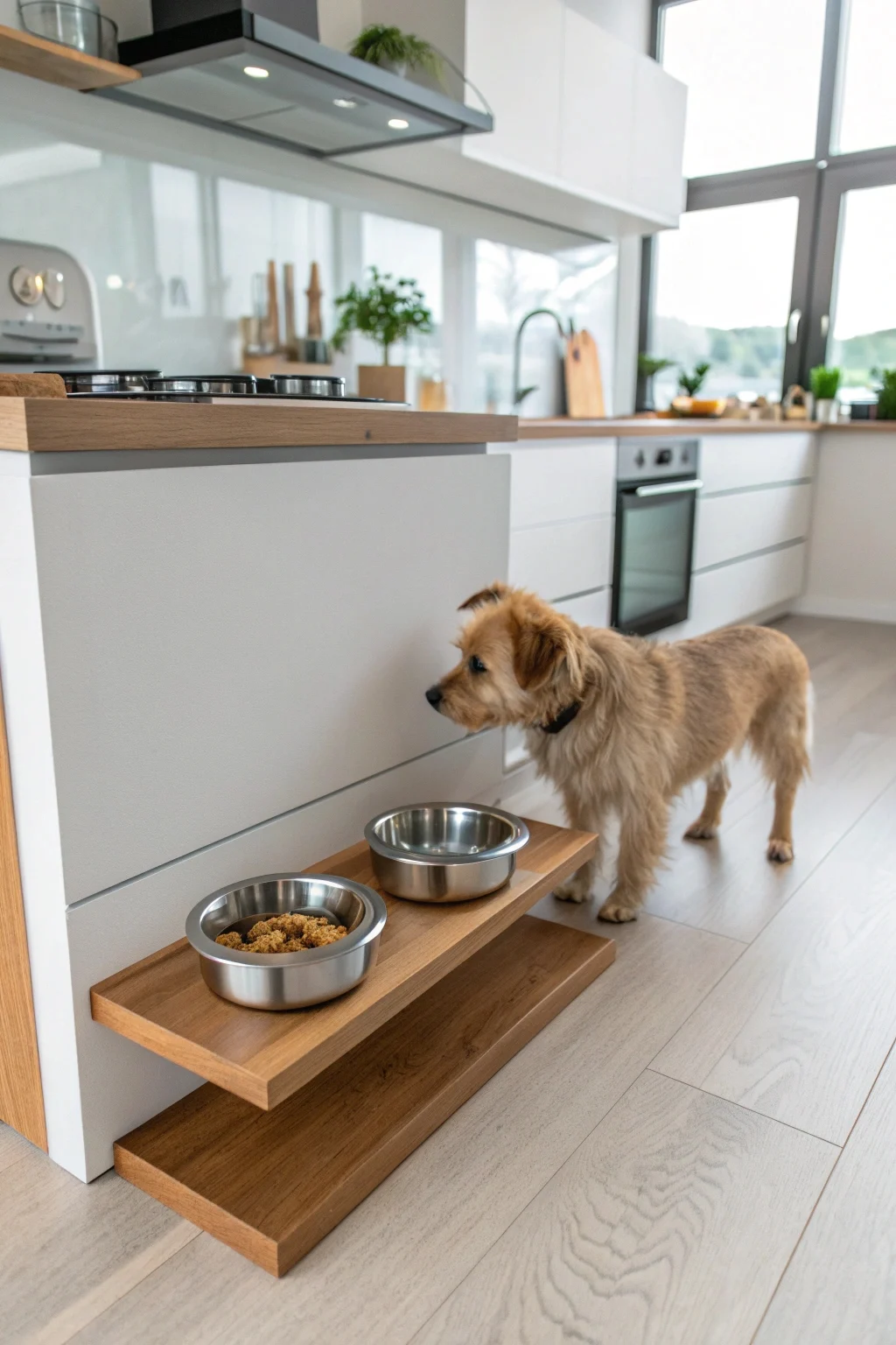 Wall-mounted floating shelf dog feeding station with small dog eating at comfortable height in modern kitchen