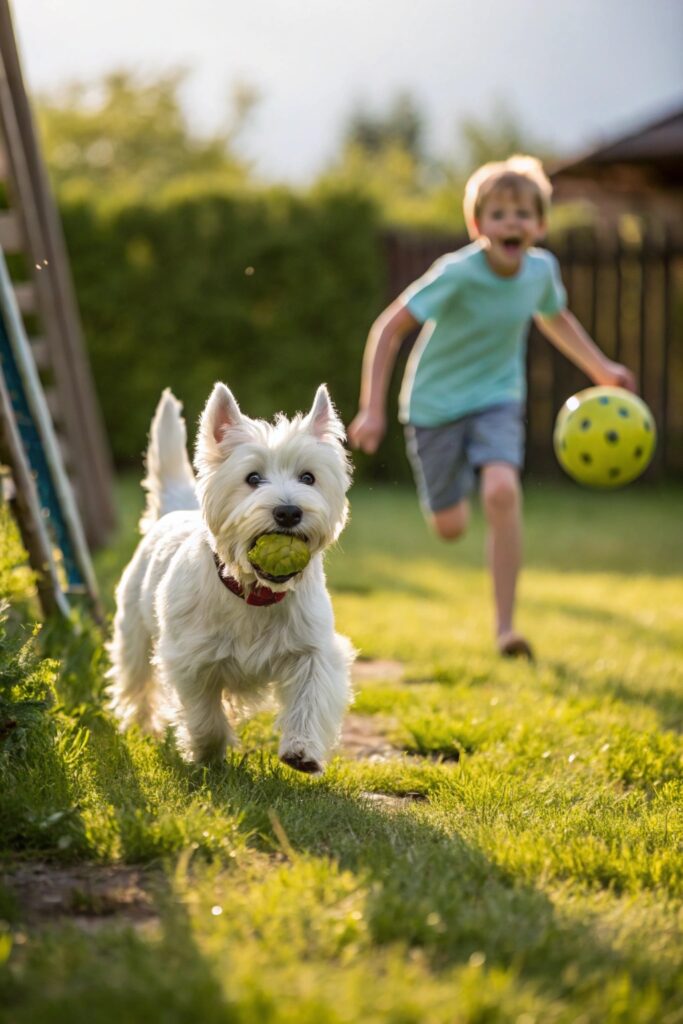 West Highland White Terrier playing fetch - kid friendly puppies for active families