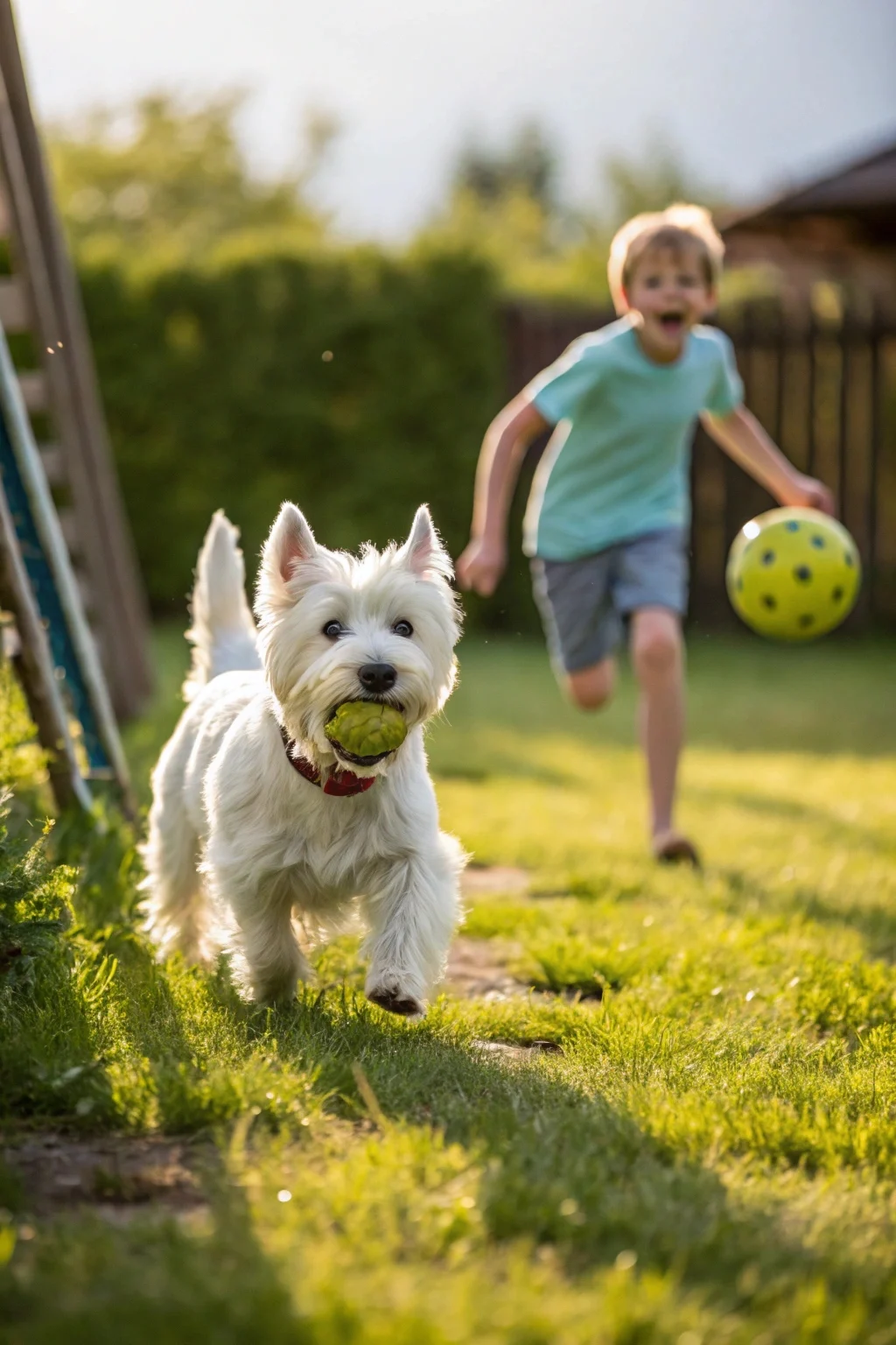 West Highland White Terrier playing fetch - kid friendly puppies for active families