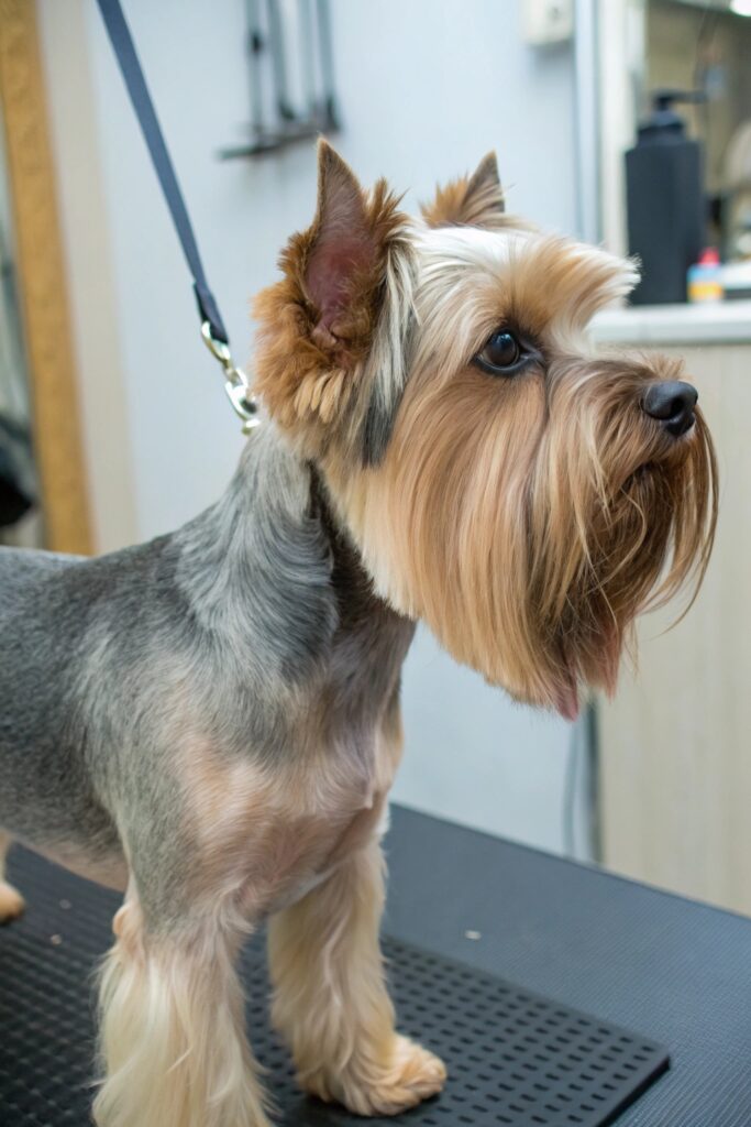Yorkshire Terrier with short practical puppy cut and traditional coloring