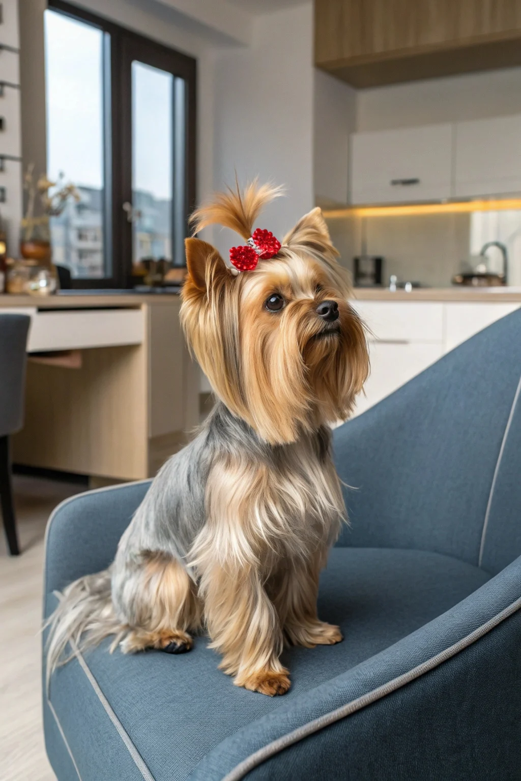 Yorkshire Terrier with long silky tan and blue coat sitting on apartment furniture showing small portable size