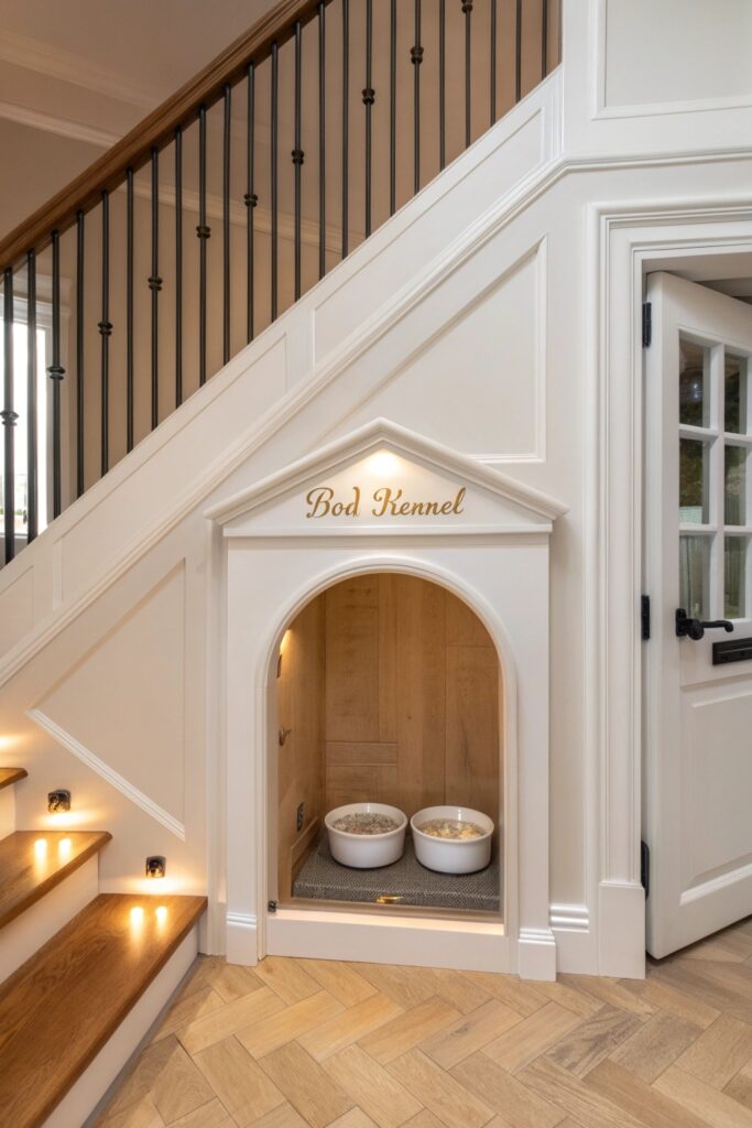 bespoke custom joinery dog kennel built under stairs