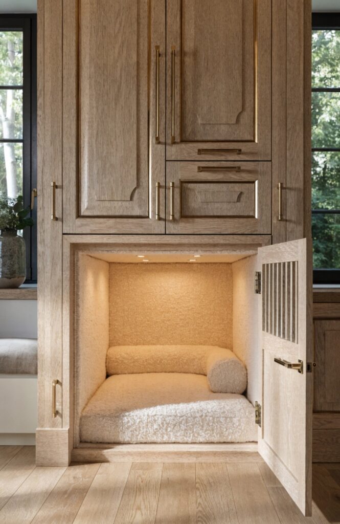 built-in luxury indoor dog kennel in white oak cabinetry with brass hardware