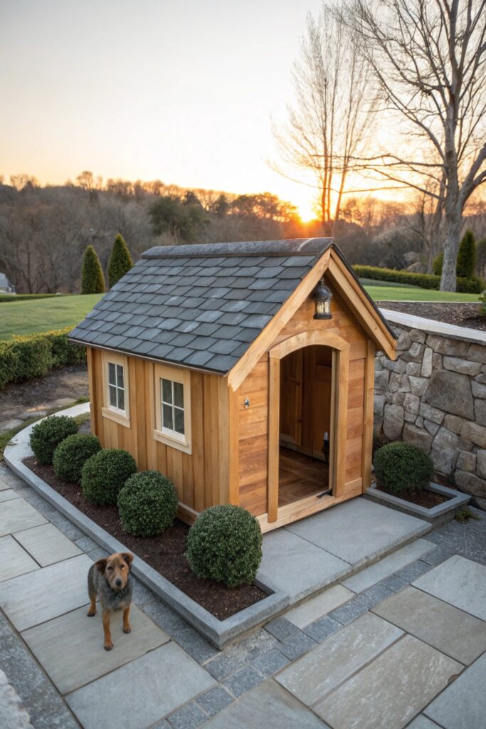 architectural luxury outdoor dog house in cedar with slate roof and English garden