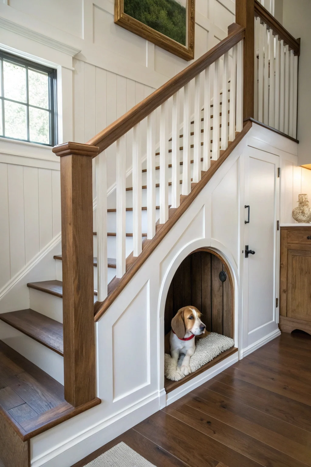 built in dog kennel under stairs finished interior