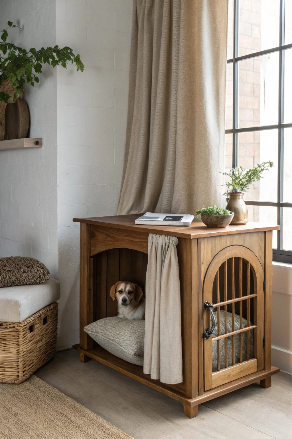 designer luxury dog kennel furniture blending into Japandi home interior