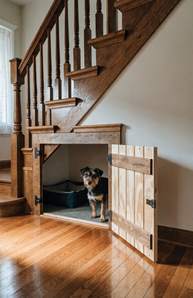DIY under stairs dog kennel with wooden gate door