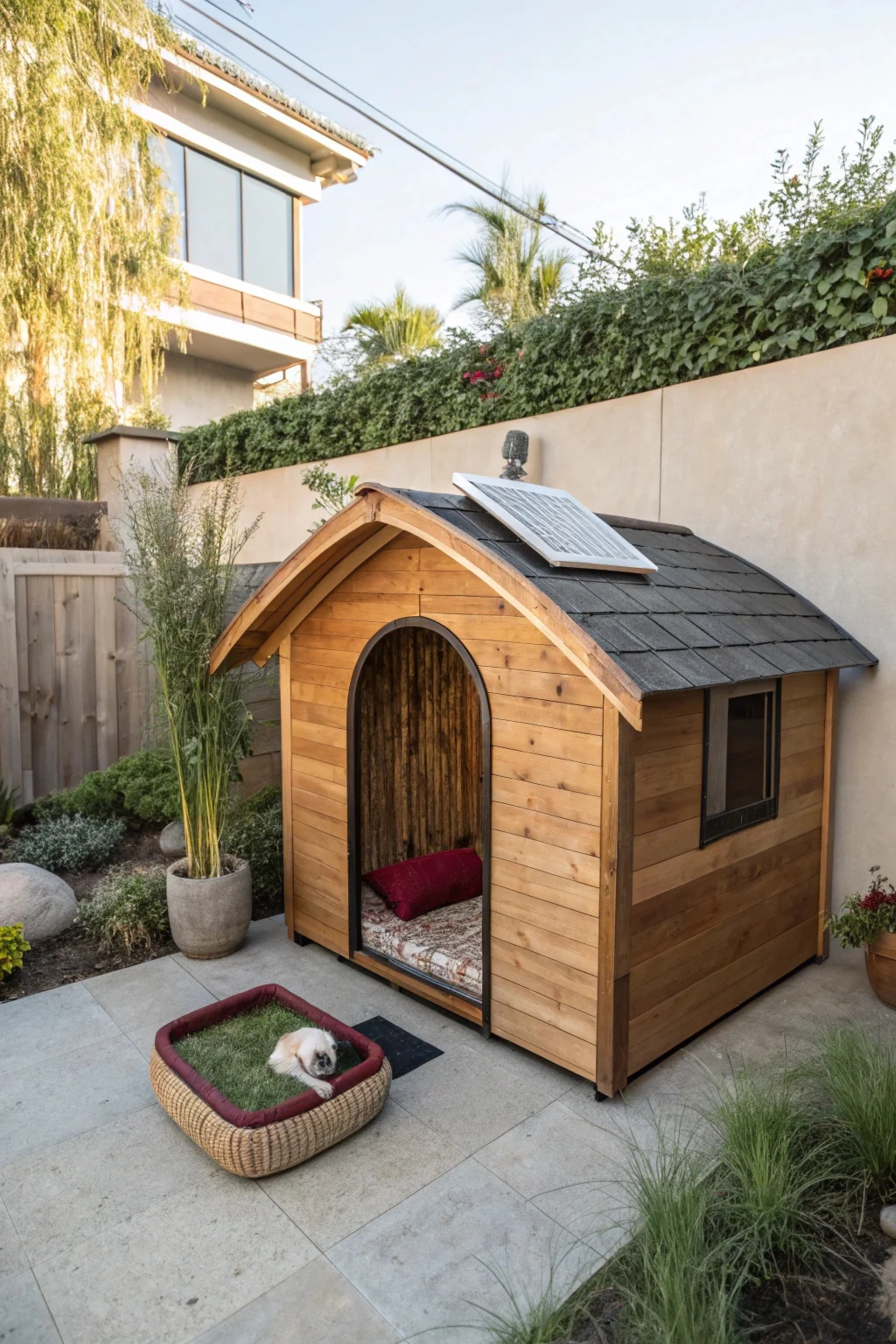 eco-friendly solar-powered luxury outdoor dog kennel with reclaimed wood