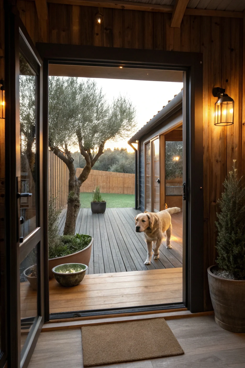 luxury dog suite connecting indoor kennel to outdoor hardwood deck run