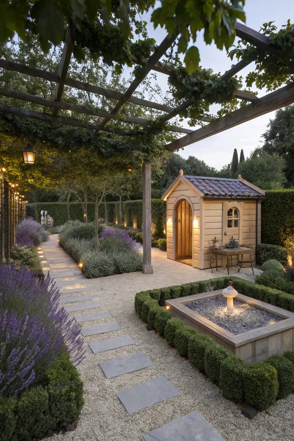 luxury outdoor dog kennel integrated into landscaped garden with water feature