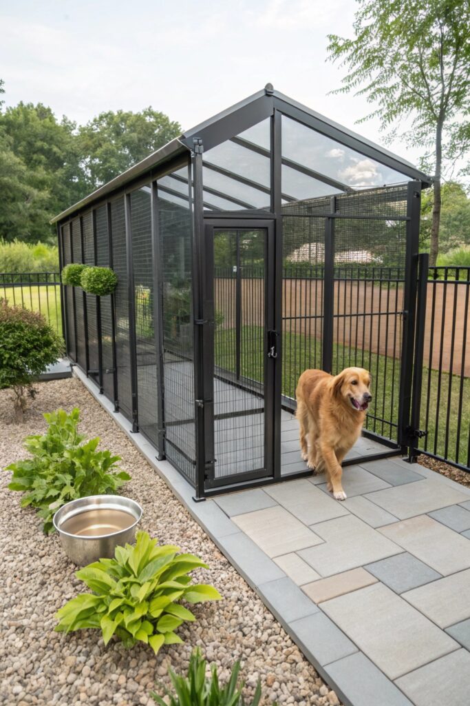 luxury outdoor dog kennel run with stone flooring and steel frame