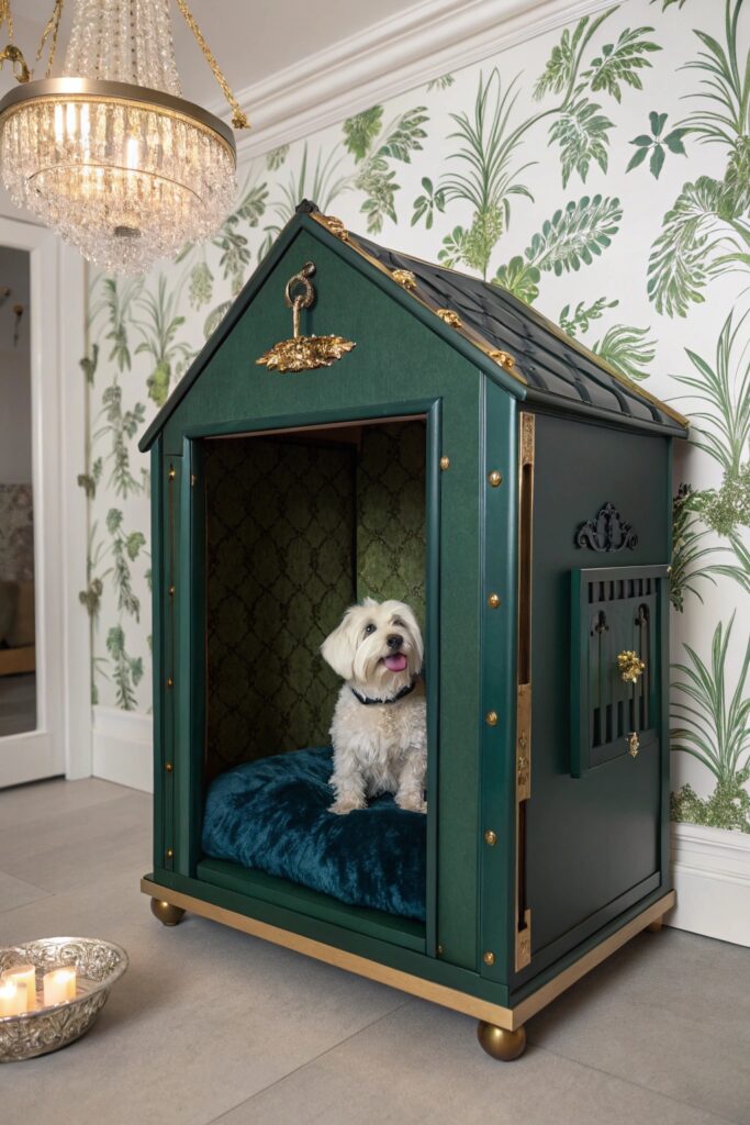 maximalist glam luxury dog kennel styled like a high-end pet hotel suite