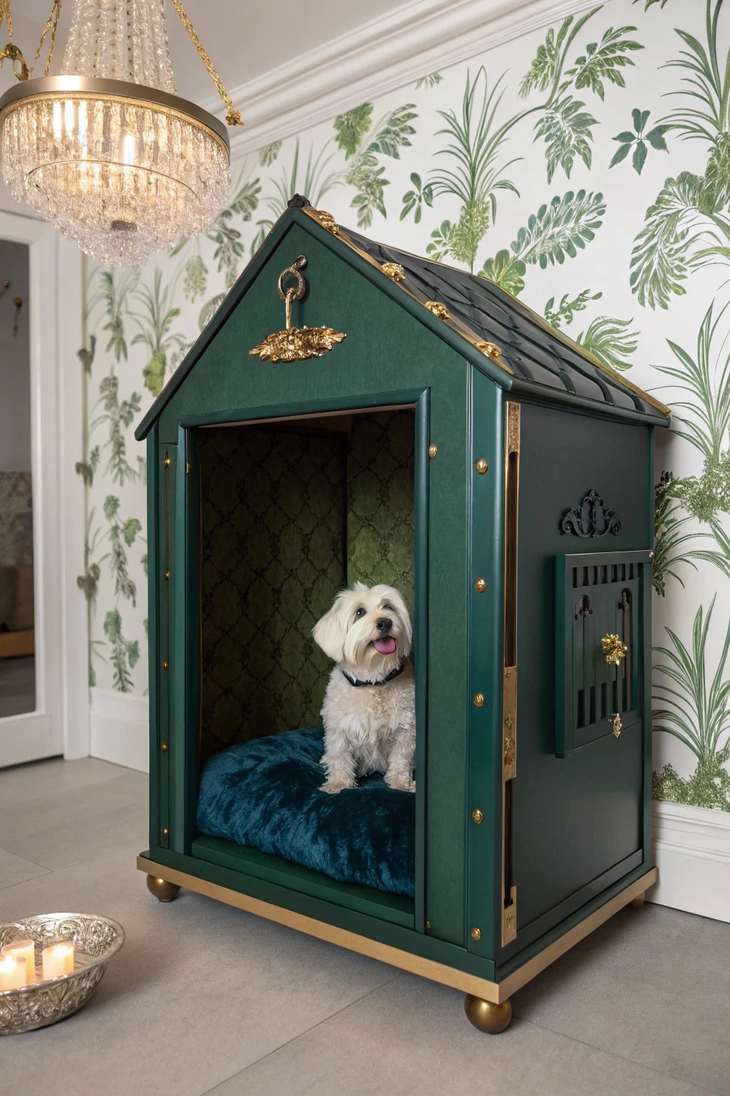 maximalist glam luxury dog kennel styled like a high-end pet hotel suite