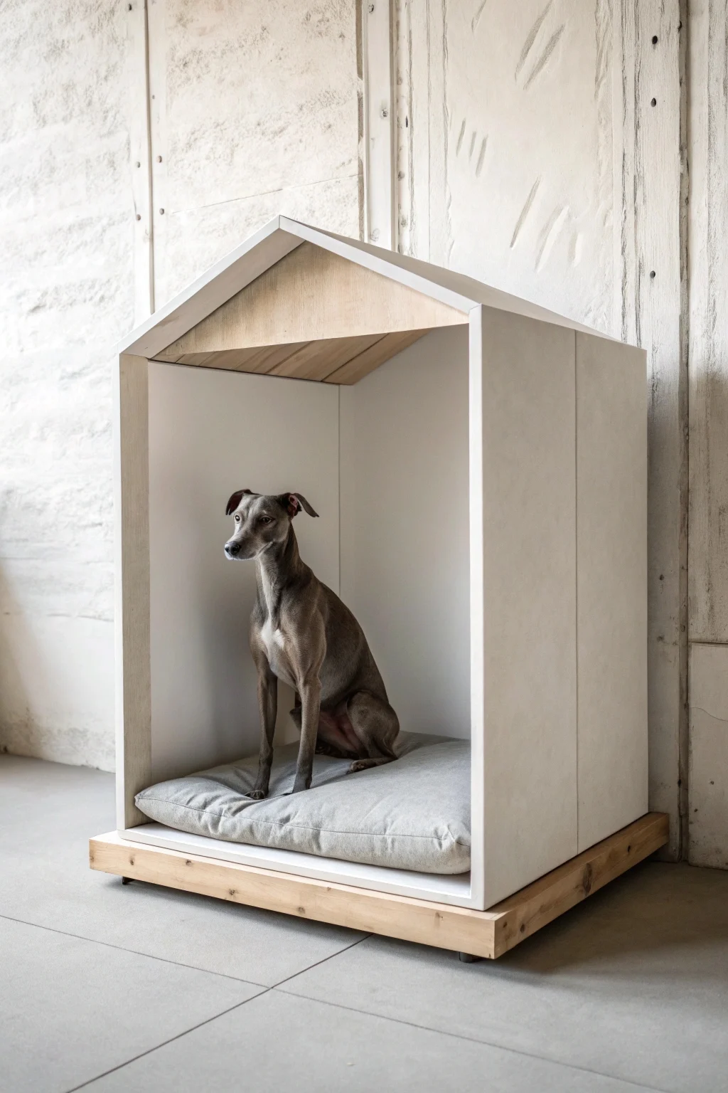 minimalist luxury dog kennel design with raw oak frame and concrete base