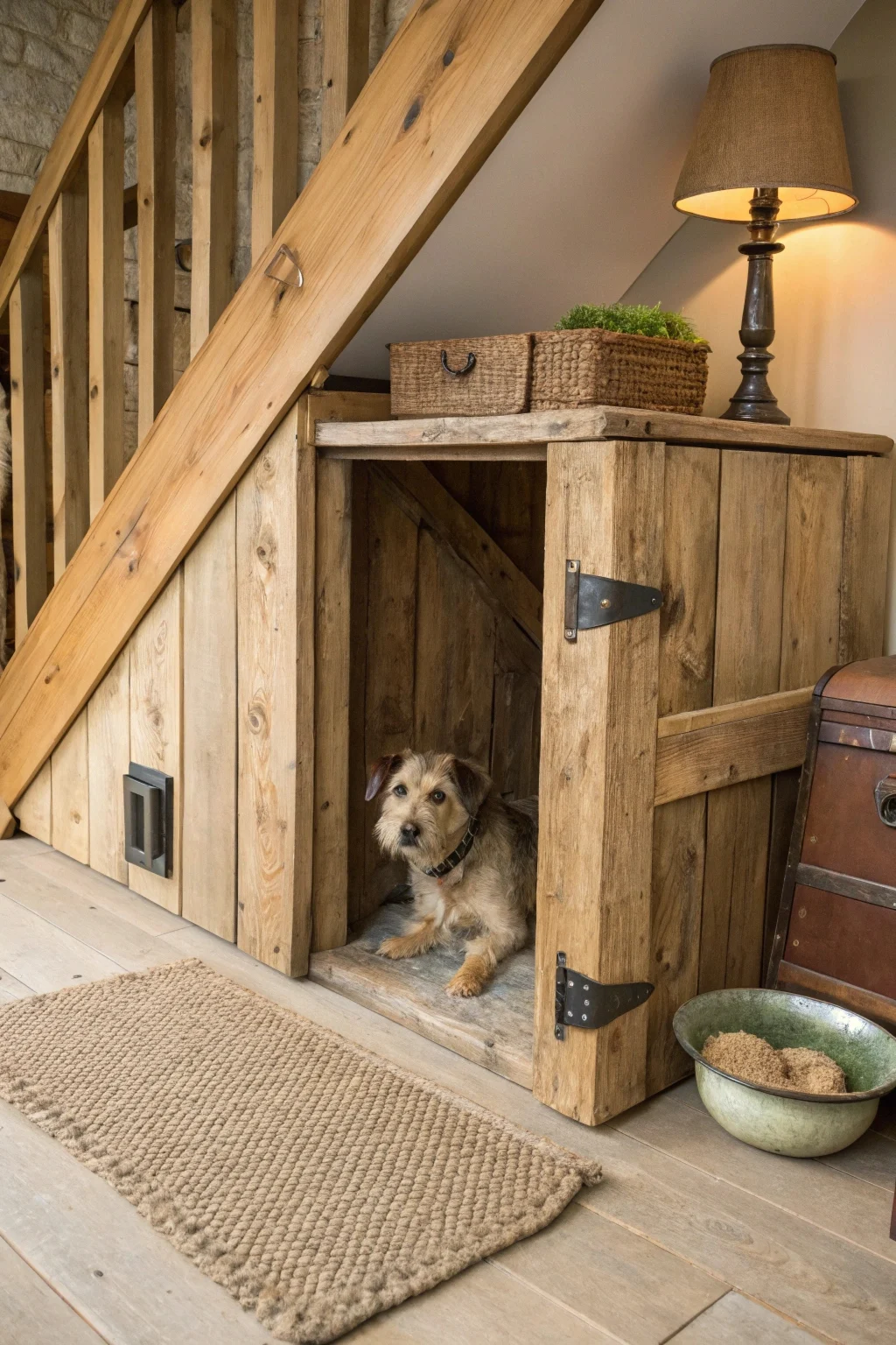 rustic reclaimed pallet wood DIY dog kennel under stairs