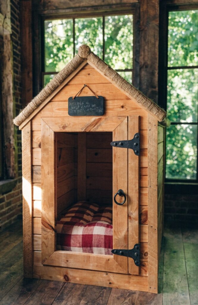 rustic farmhouse luxury indoor dog kennel with reclaimed shiplap and iron hardware