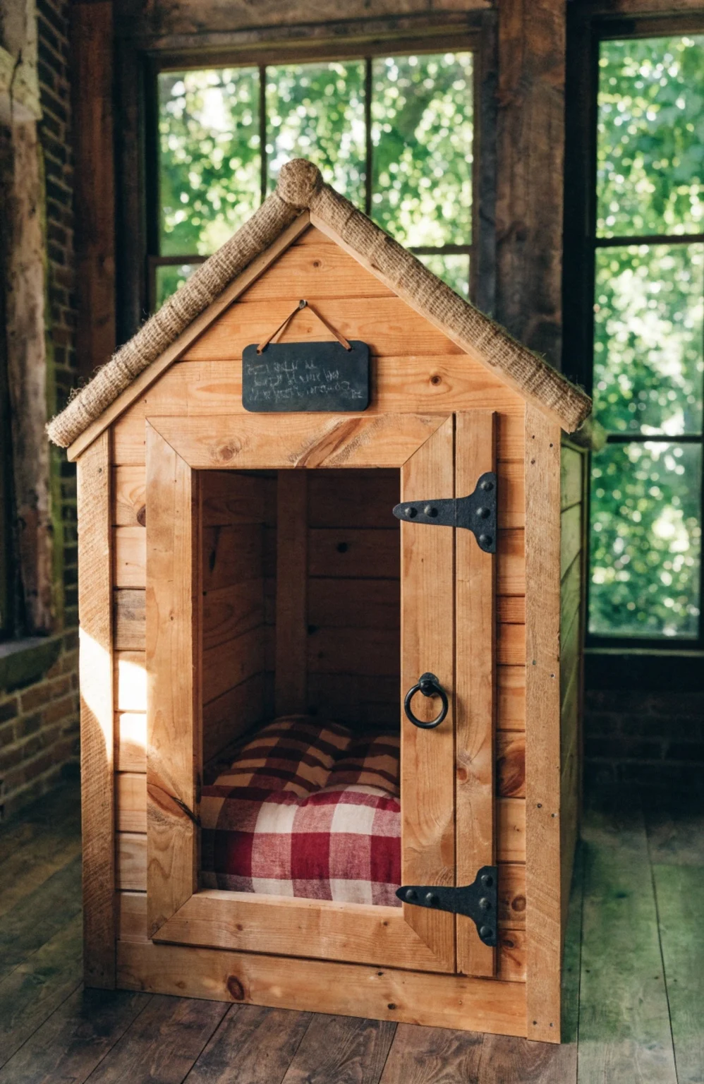 rustic farmhouse luxury indoor dog kennel with reclaimed shiplap and iron hardware