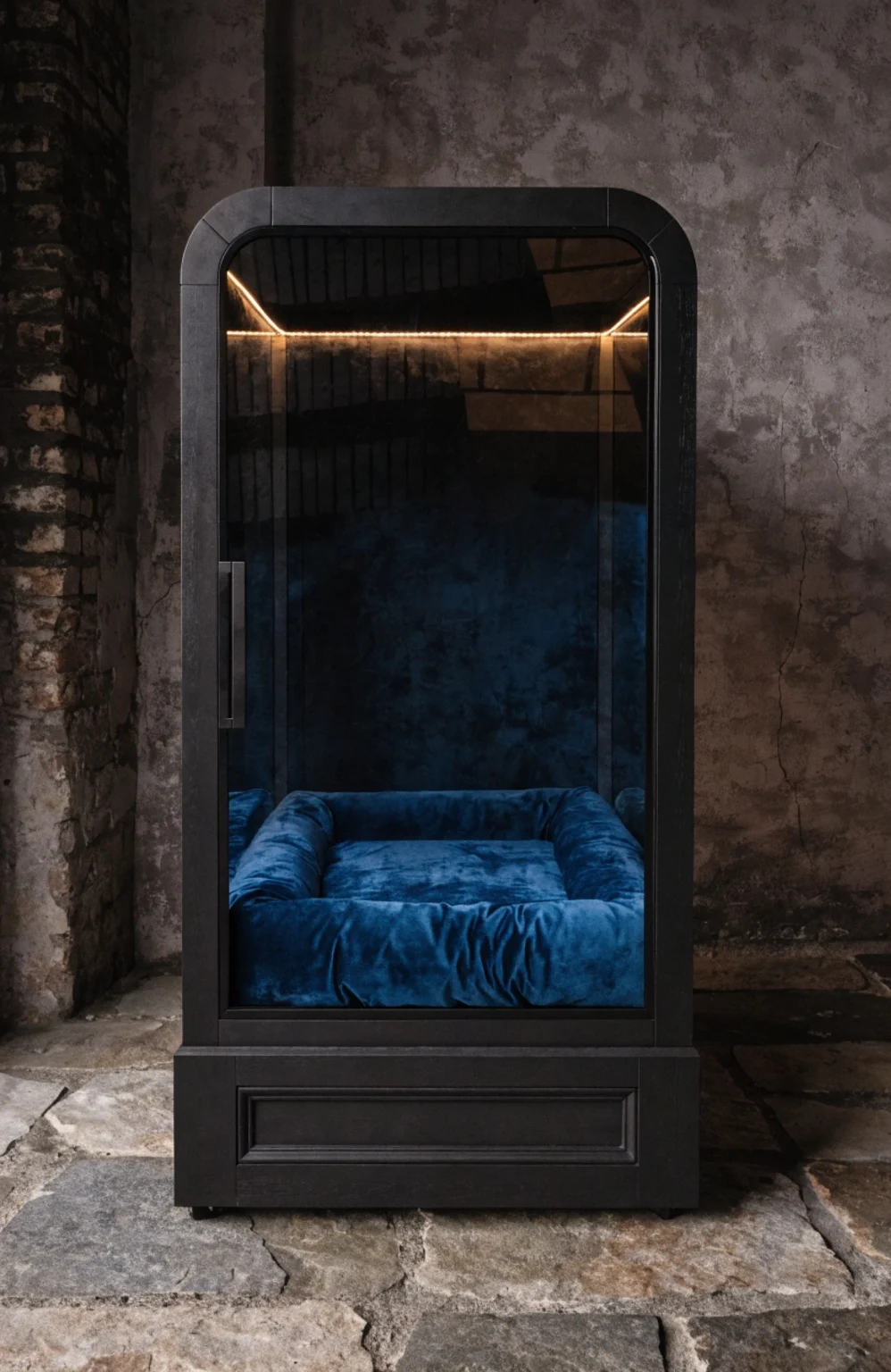 luxury indoor dog kennel with smoked glass front panel and amber LED mood lighting