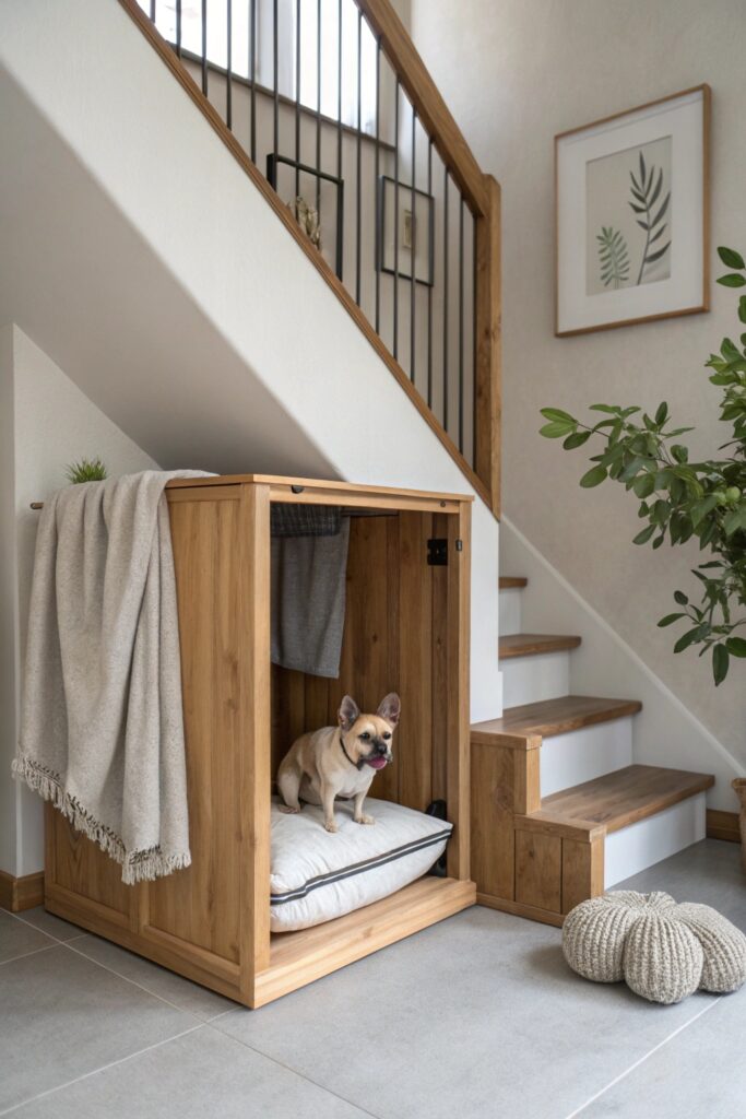 stylish dog crate fitted under stairs with curtain panel