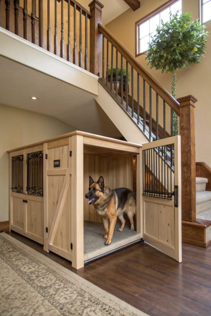 large breed dog kennel built under stairs wide entry
