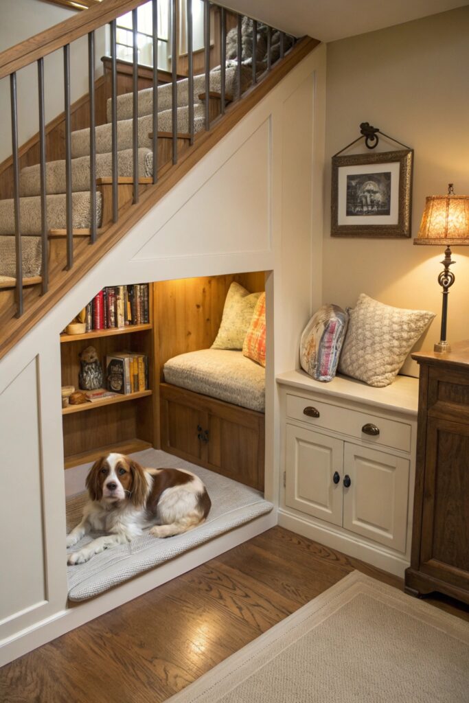 under stairs dog kennel combined with human reading nook