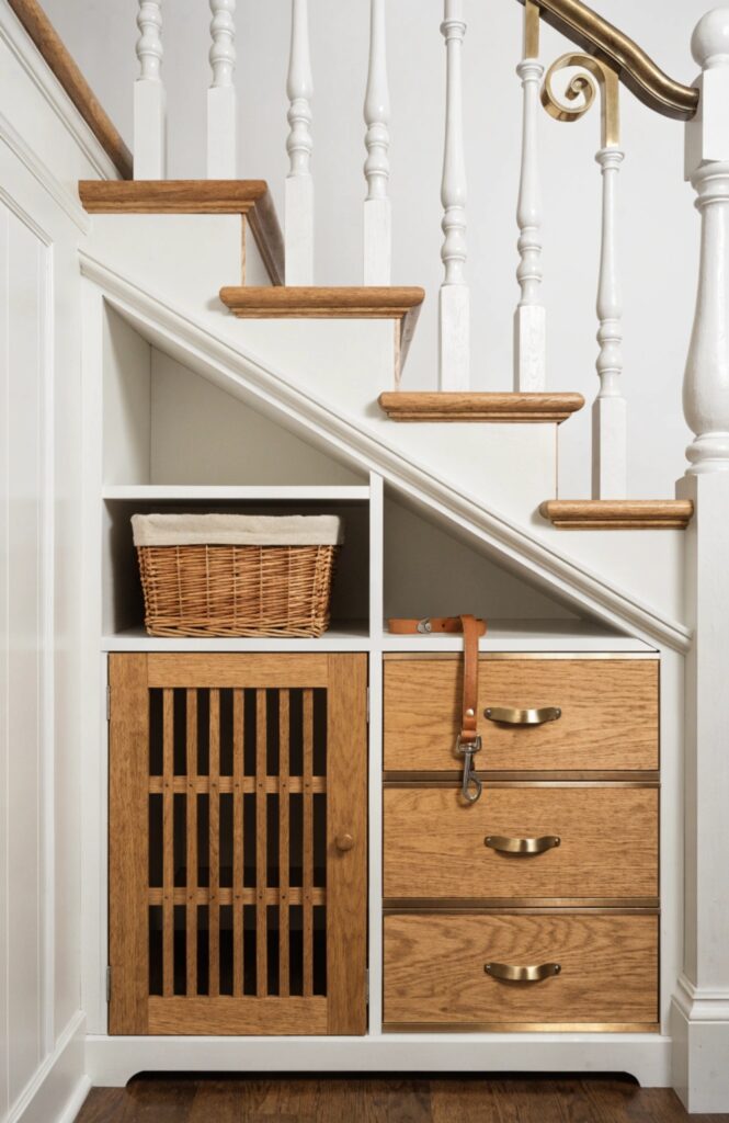 under stairs dog kennel storage drawers and shelves detail