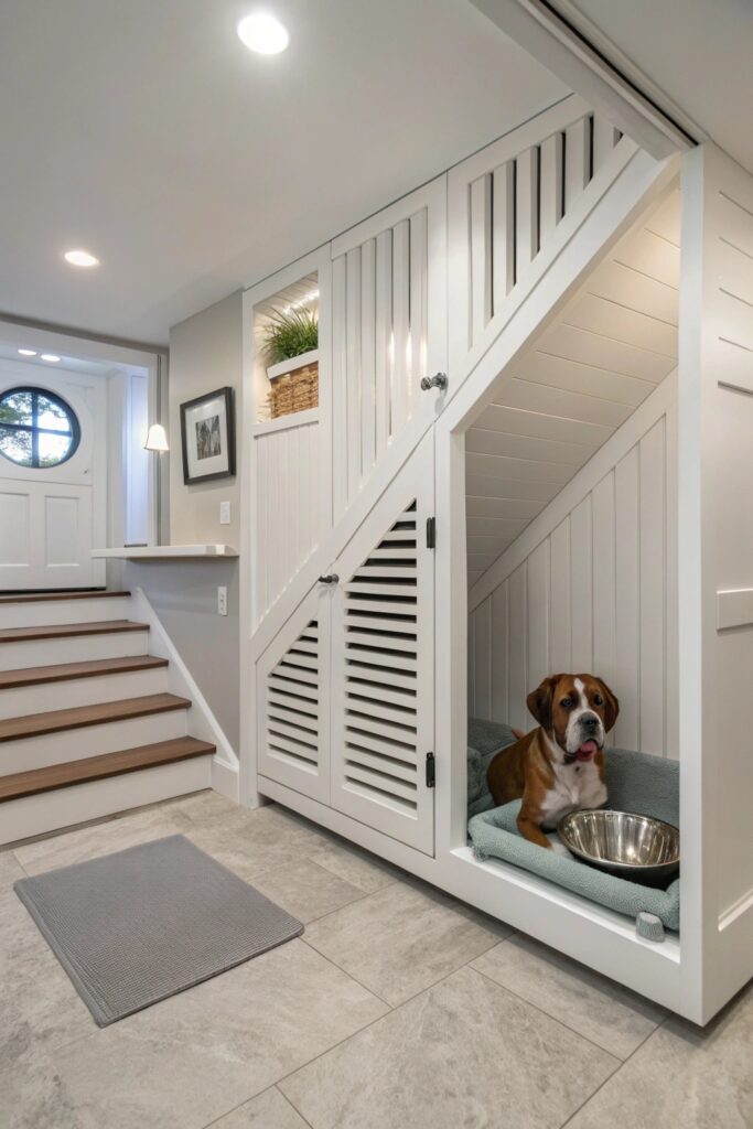 well ventilated indoor dog kennel under stairs with airflow