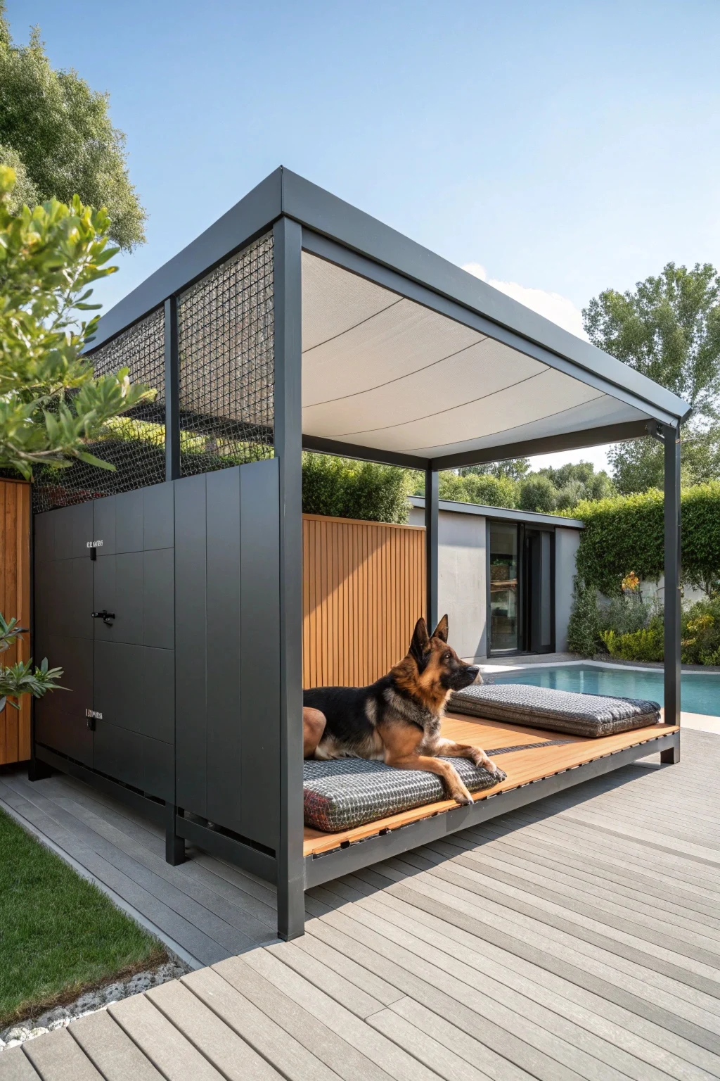 weatherproof modular luxury outdoor dog kennel with retractable shade canopy