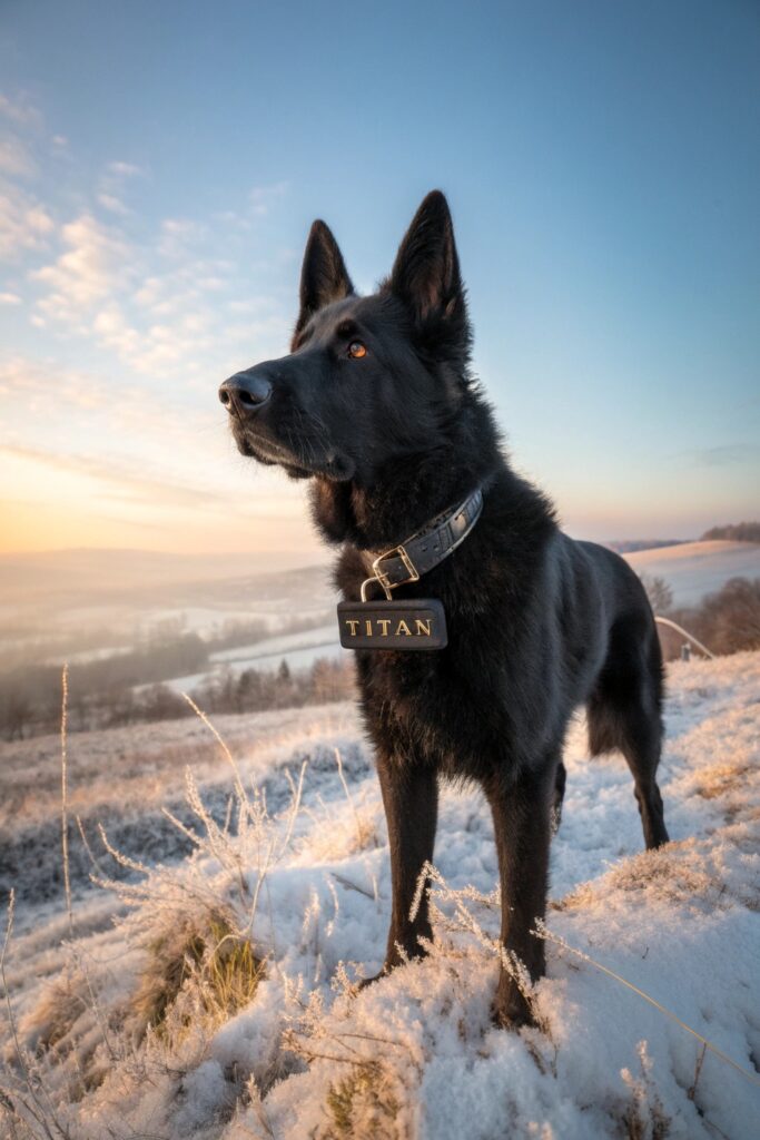 Majestic black German Shepherd with tactical collar in outdoor field
