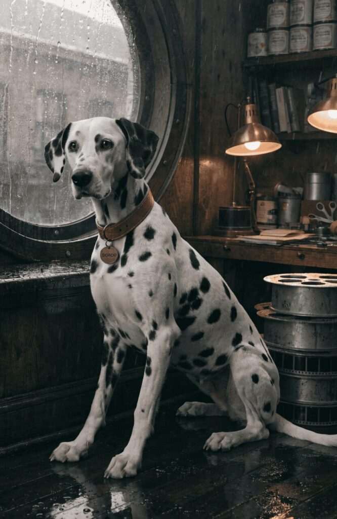 classic disney dog character names dalmatian with pongo tag beside old film reels and rainy window