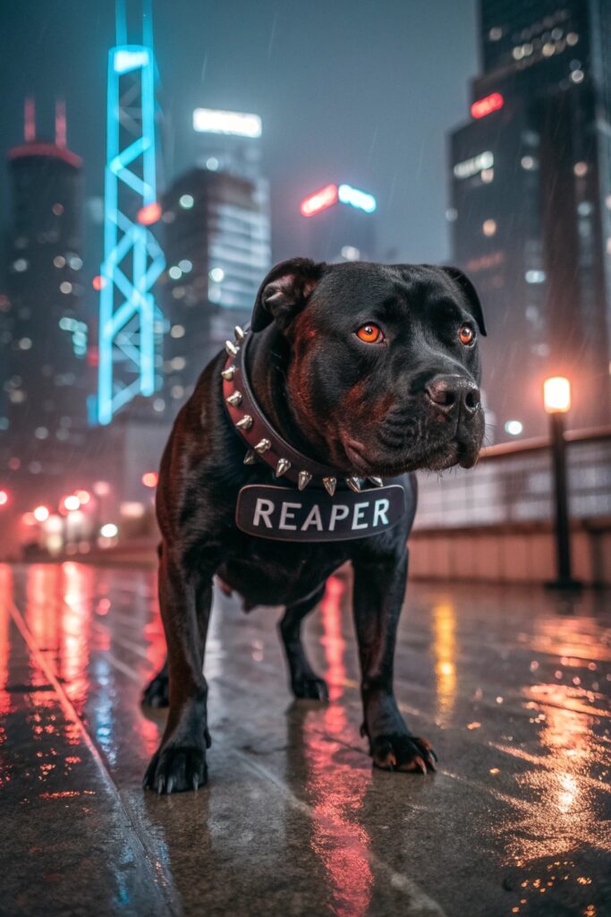 Bold black male dog with edgy name collar at night