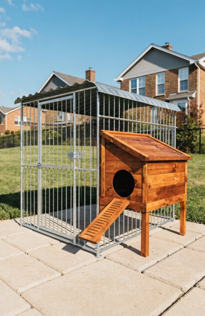 covered kennel run with elevated wooden sleeping coop box attached