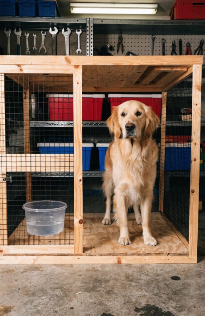 diy dog kennel in garage corner real photo